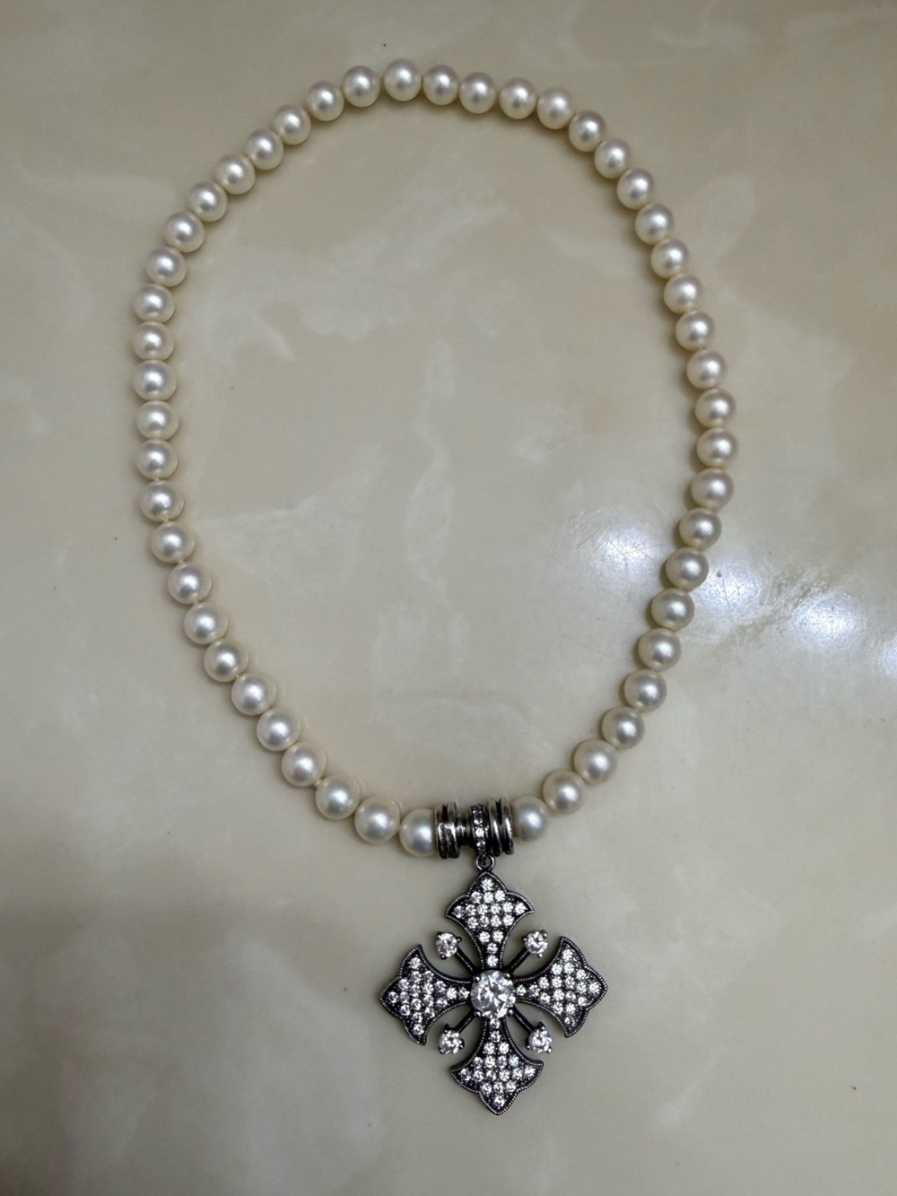 Judith Ripka Pearl Necklace with Cross Pendant